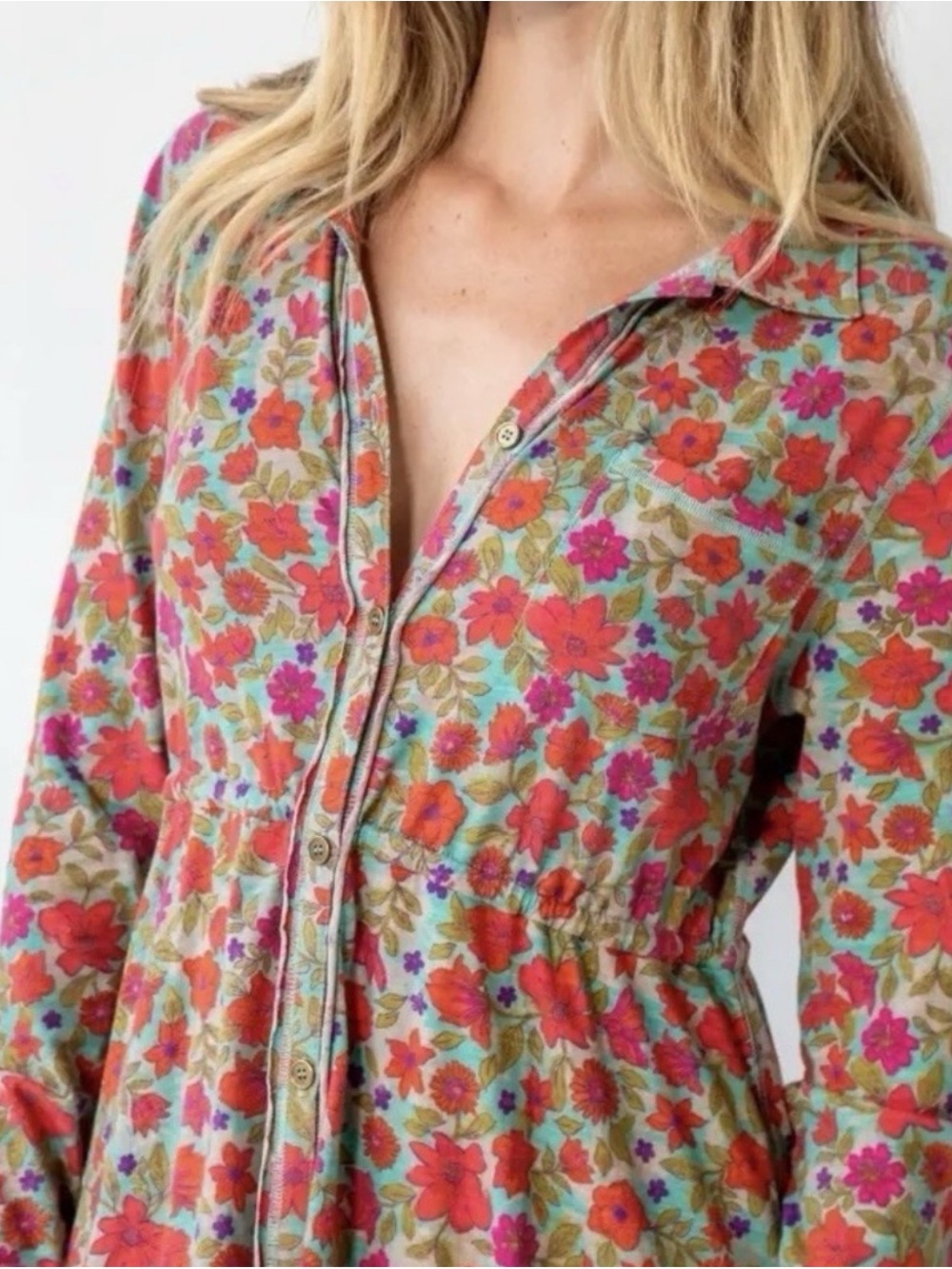 Natural Life Boho Floral Maxi Shirt Dress 100% Cotton Western Neon size L nwot - Picture 2 of 11